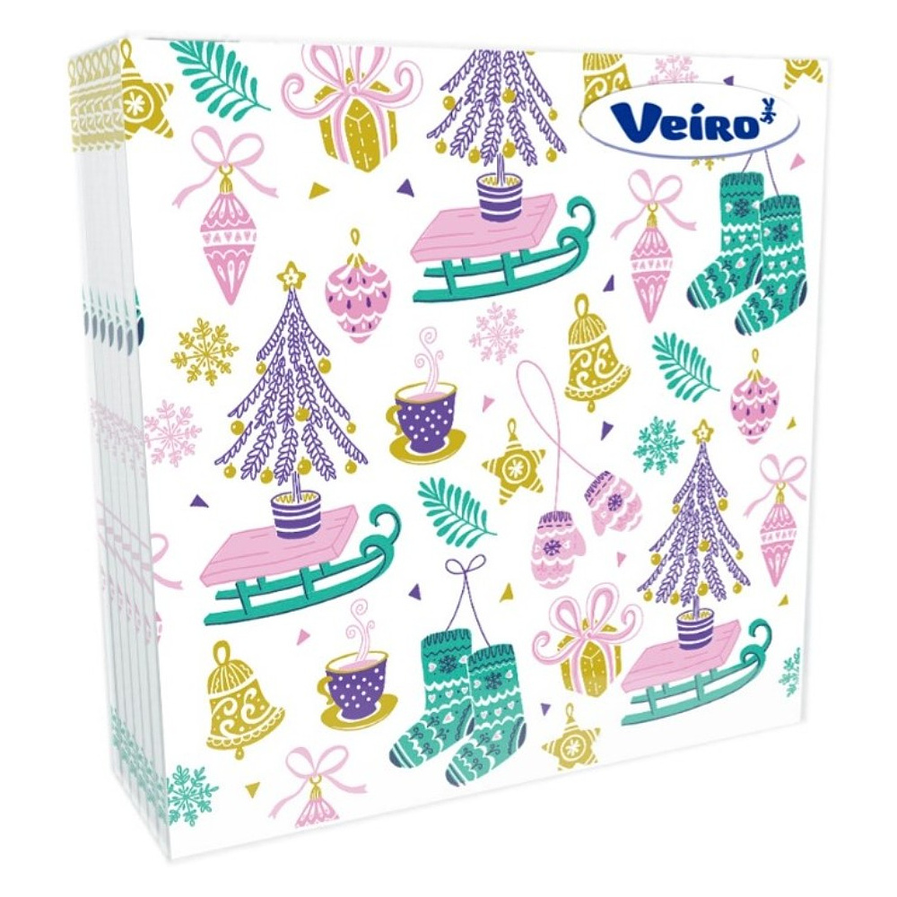Салфетки бумажные Veiro, 33х33 см, с рисунком Елки и санки, 20 шт