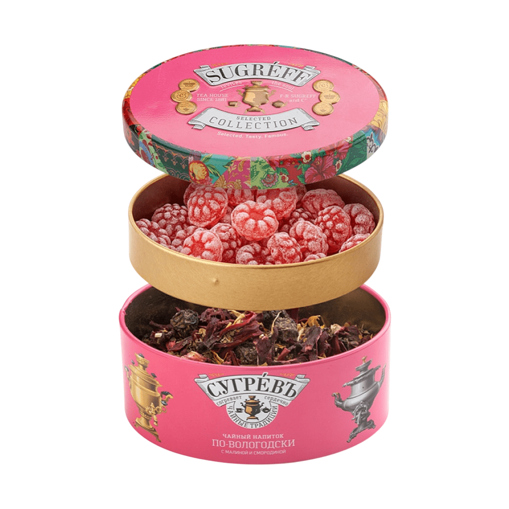 Чай "Сугревъ по-вологодски", фруктово-травяной, с малиной и смородиной, 40 г + карамель леденцовая со вкусом малины, 50 г
