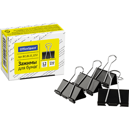 Зажим для бумаги "OfficeSpace", 15мм, 12 шт, черный