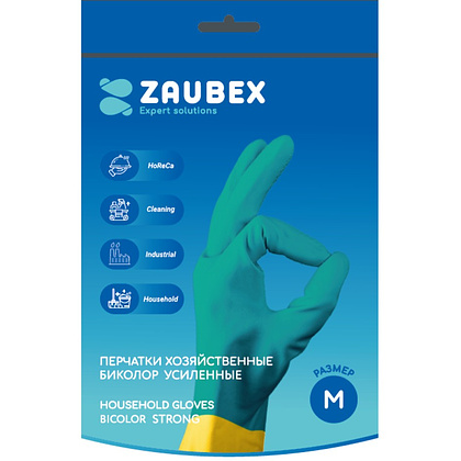 Перчатки латексные хозяйственные Zaubex БИКОЛОР, усиленные, р-р M, зеленый, желтый