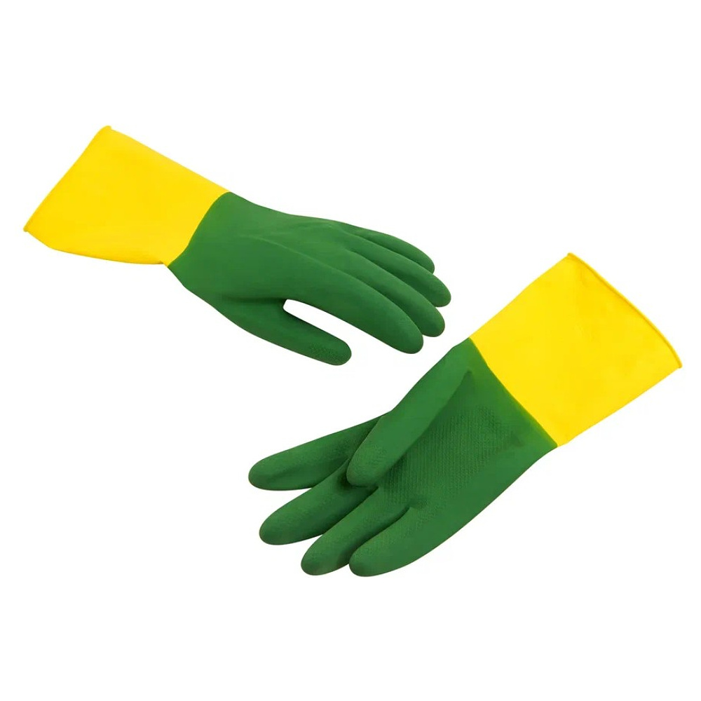 Перчатки латексные хозяйственные Zaubex БИКОЛОР, усиленные, р-р XL, зеленый, желтый - 2