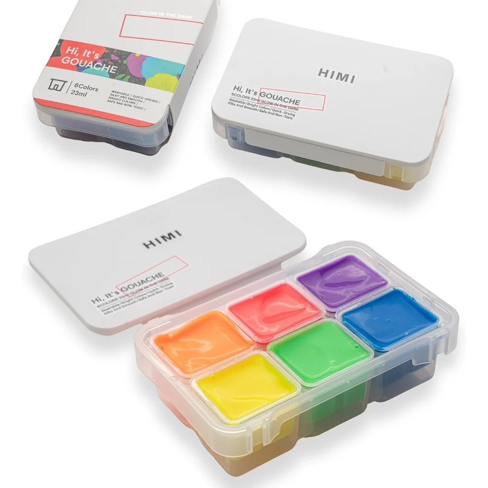 Краски гуашевые "Himi Jelly Cup.Glow in the dark. Bright color", набор 6 цветов, 23 мл., кювета, пластиковый футляр