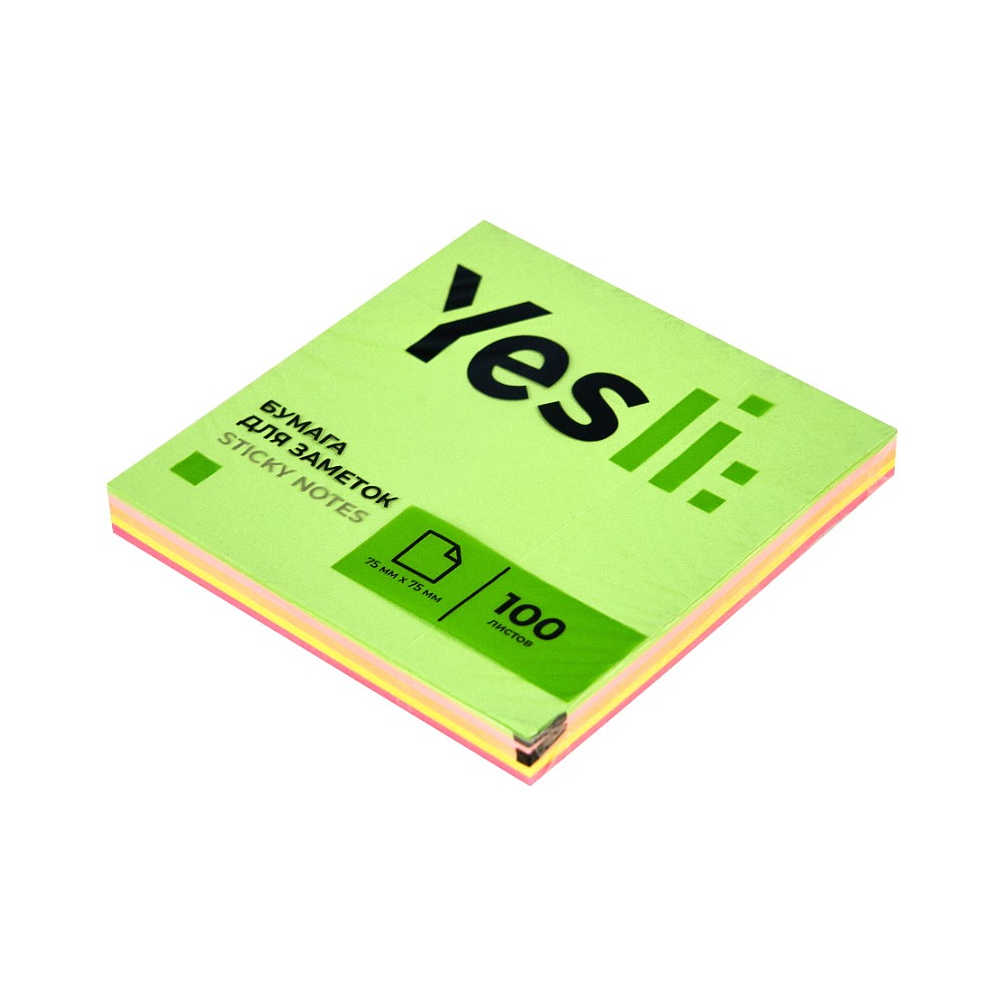 Бумага для заметок на клейкой основе "Yesli:", 75x75 мм, 100 листов,, ассорти неон - 2