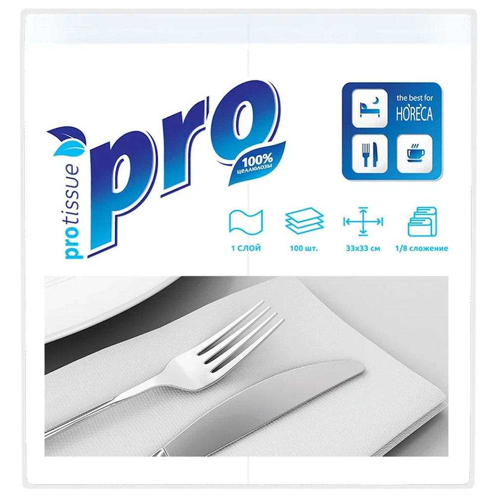Салфетки бумажные PROtissue 24х24см, 1 слой, цв.белый, 100 листов