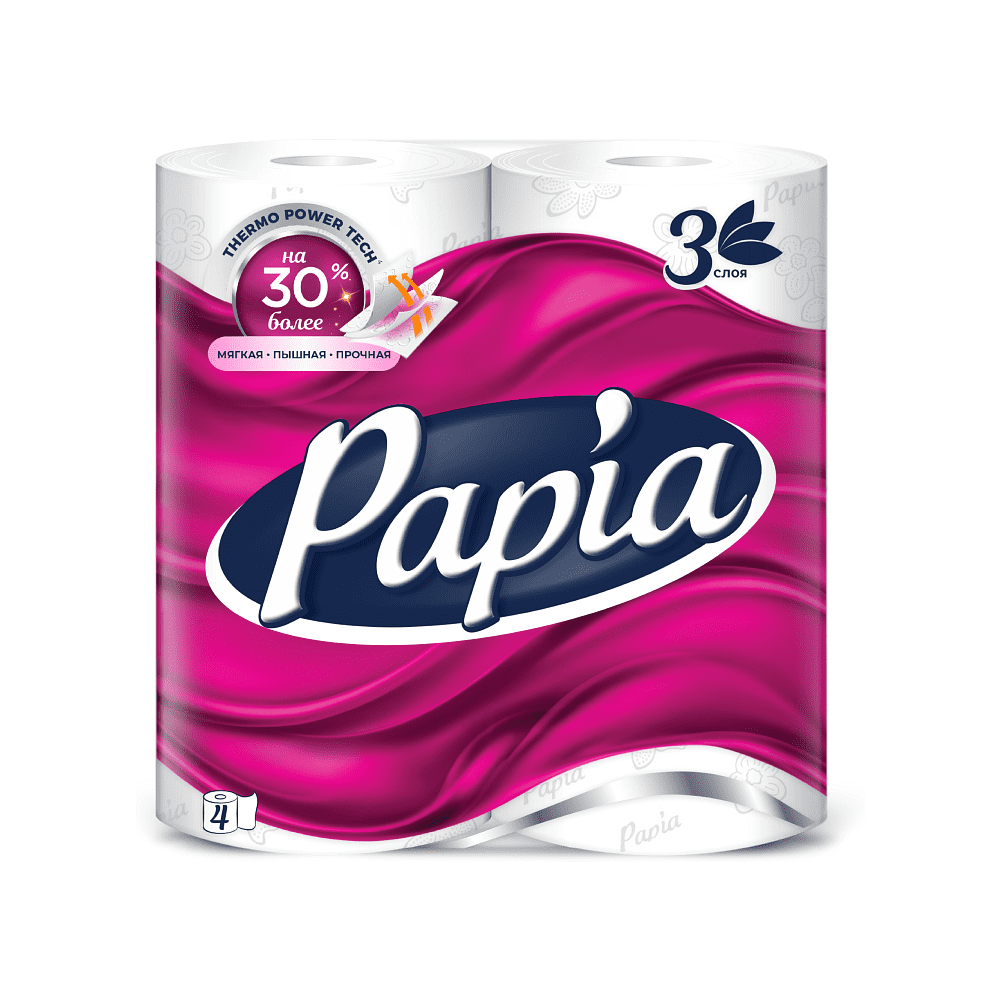 Бумага туалетная  Papia, 16,5м, 3 слоя, 4 рулона, 100% целлюлоза