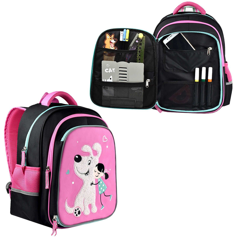 Рюкзак школьный "Девочка со щенком", черный, розовый - 2