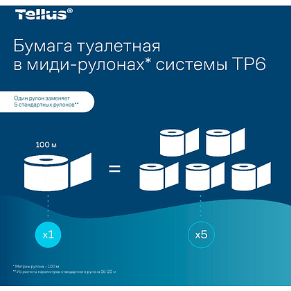 Бумага туалетная Tellus Комфорт TP6, в миди-рулонах, 100 м, 2 слоя - 10