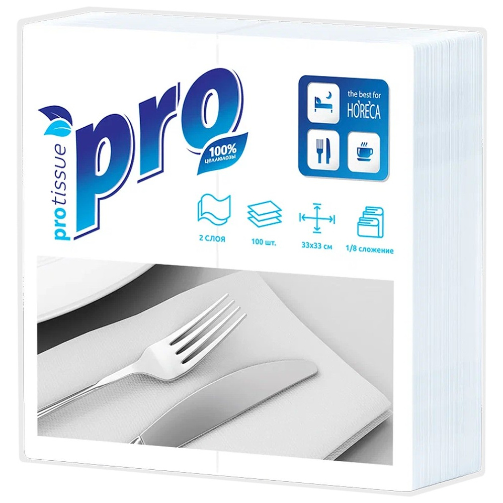 Салфетки бумажные PROtissue, 33х33см, 2 слоя, 1/8 - сложение, белый, 100 листов - 2