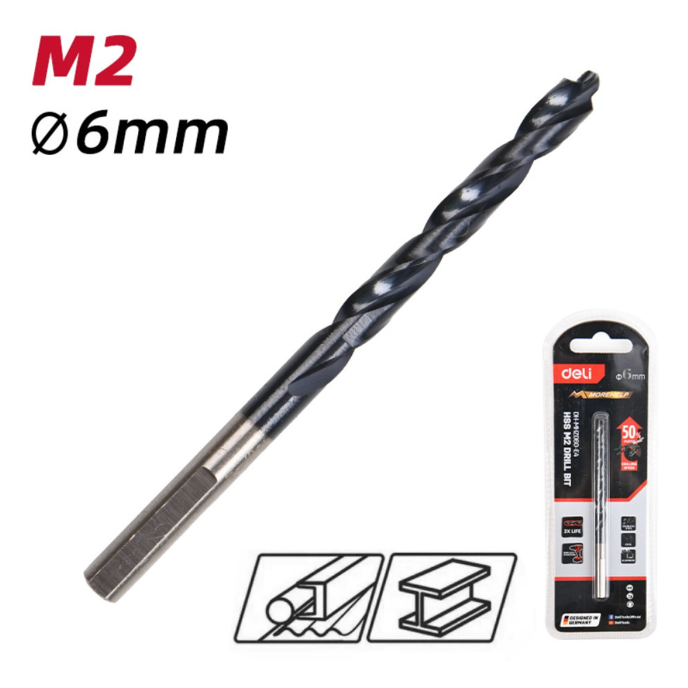 Сверло по металлу Deli RS EDH-MHZ060-E4, 6.0 мм, DIN 338, HSS-TiN - 2