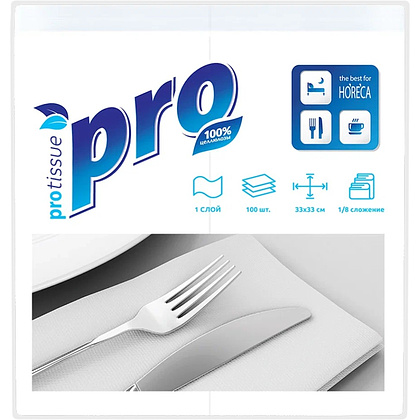 Салфетки бумажные PROtissue 24х24см, 1 слой, цв.белый, 100 листов