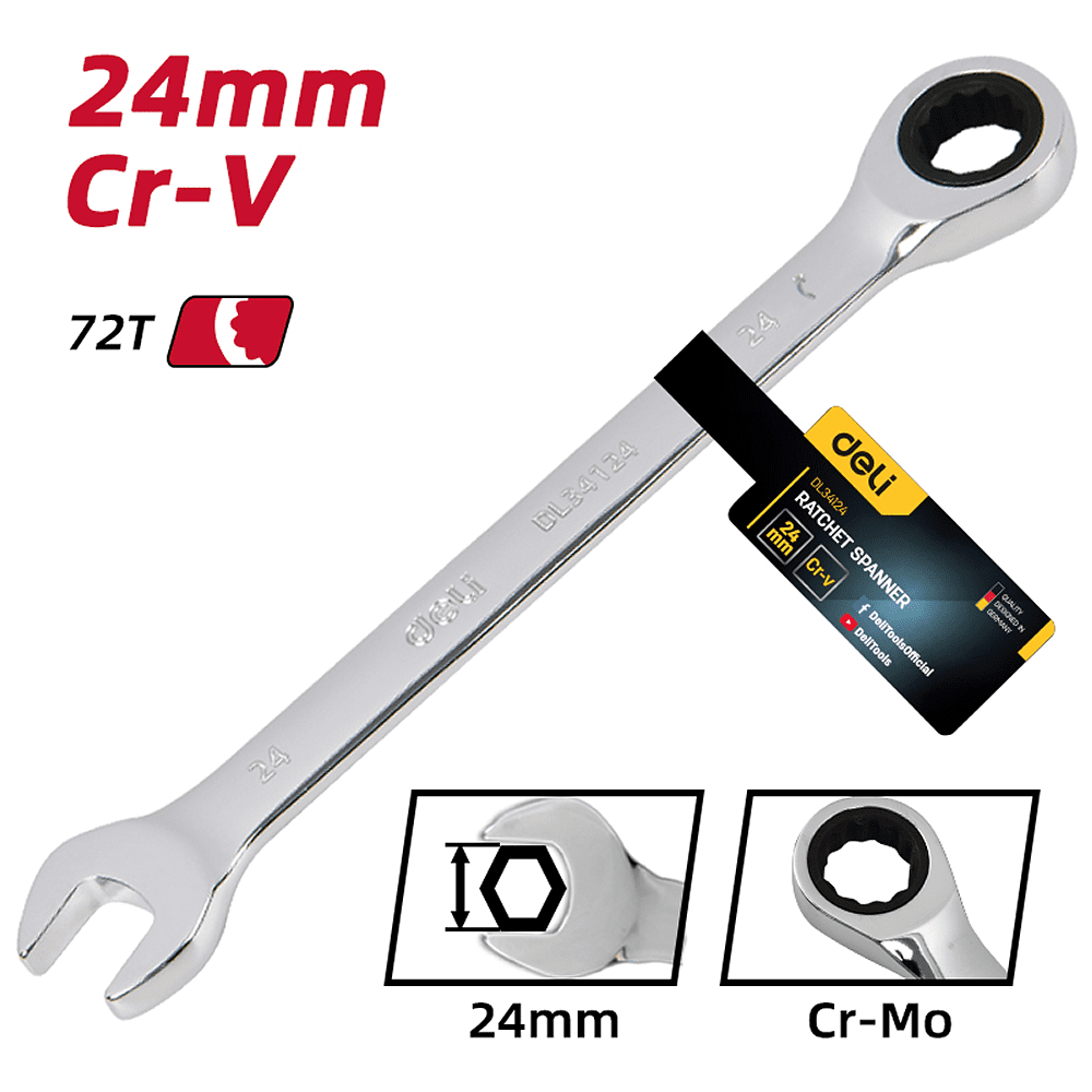 Ключ комбинированный Deli YS EDL34124, 24 мм, с трещоткой, 72 зуба - 6