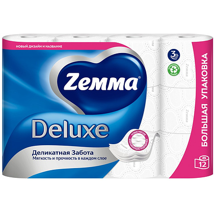 Бумага туалетная Zemma Deluxe, 12 рулонов, 3 слоя, белый - 2