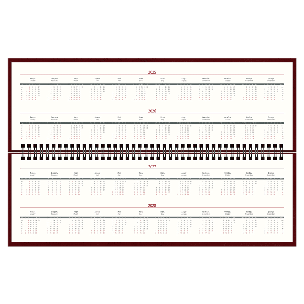 Еженедельник датированный "xGold", кожзам., бордовый, срез золотистый,  2025 - 2
