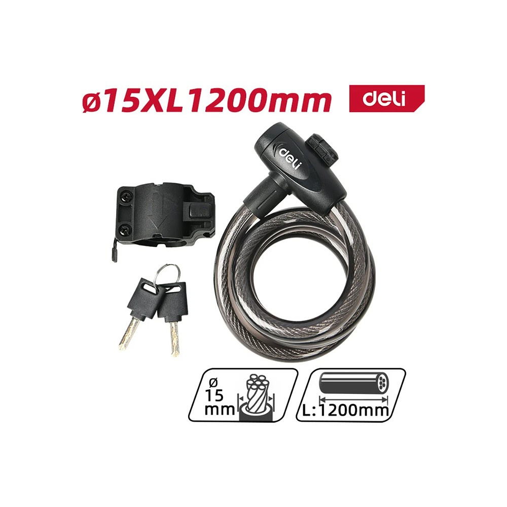 Замок тросовый велосипедный Deli YS EDL508063, 15х1200мм, ключи 2 шт - 2