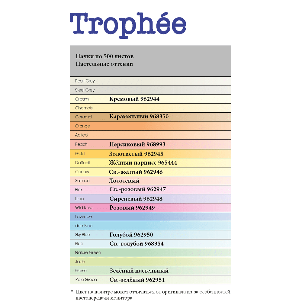 Бумага цветная "Trophée", А4, 500 листов, 80 г/м2, ассорти пастель - 2