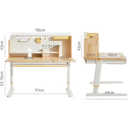 Стол Ergosmart регулируемый Galleon, 1200х700х(520-760) мм, гевея беленая, с книжной полкой - 22