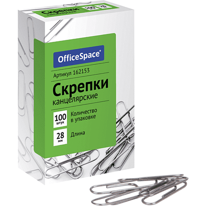 Скрепки "OfficeSpace", 28 мм, металлические, 100 штук, овальные, серебристый