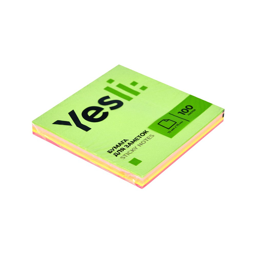 Бумага для заметок на клейкой основе "Yesli:", 75x75 мм, 100 листов,, ассорти неон - 3