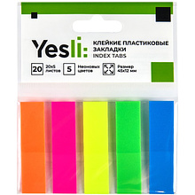 Закладки пластиковые "Yesli:", 12х45 мм, 5 цветов х 20 шт., ассорти неон