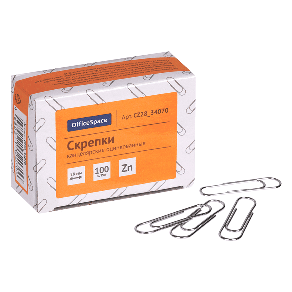 Скрепки овальные "OfficeSpace", 28 мм, 100 штук, серебристый