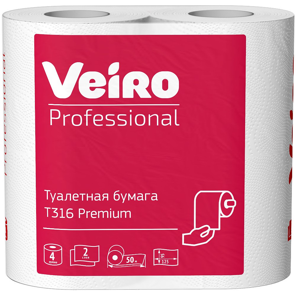 Бумага туалетная Veiro Professional Premium, в стандартных рулонах, 4 рулона, 50 м, 2 слоя