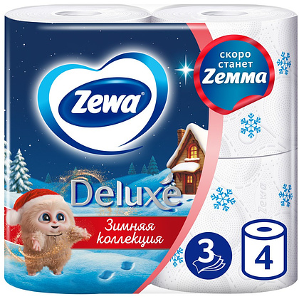 Бумага туалетная "Zewa Deluxe", 3 слоя, 4 рулона
