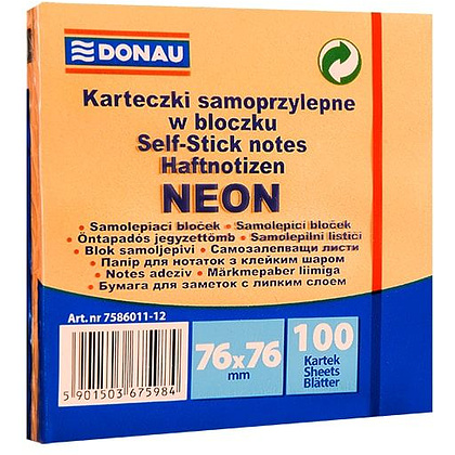 Бумага для заметок "Donau", 76x76 мм, 100 листов, оранжевый неон