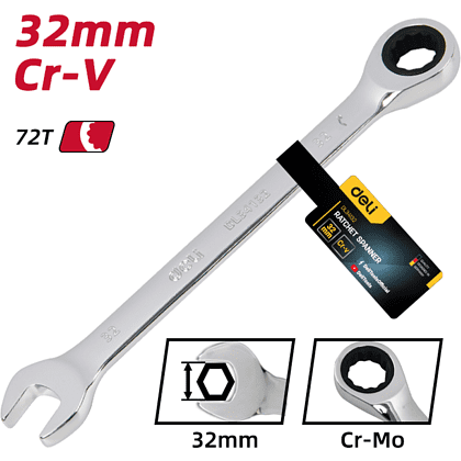 Ключ комбинированный Deli YS EDL34132, 32 мм, с трещоткой, 72 зуба - 6
