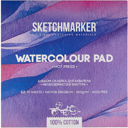 Блок бумаги для акварели "Sketchmarker", 26x26 см, 300 г/м2, 10 листов, мелкозернистая