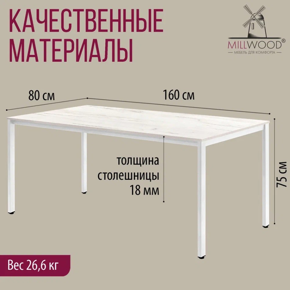 Стол Millwood Сеул, 1600х800 мм, дуб белый крафт, белый - 4