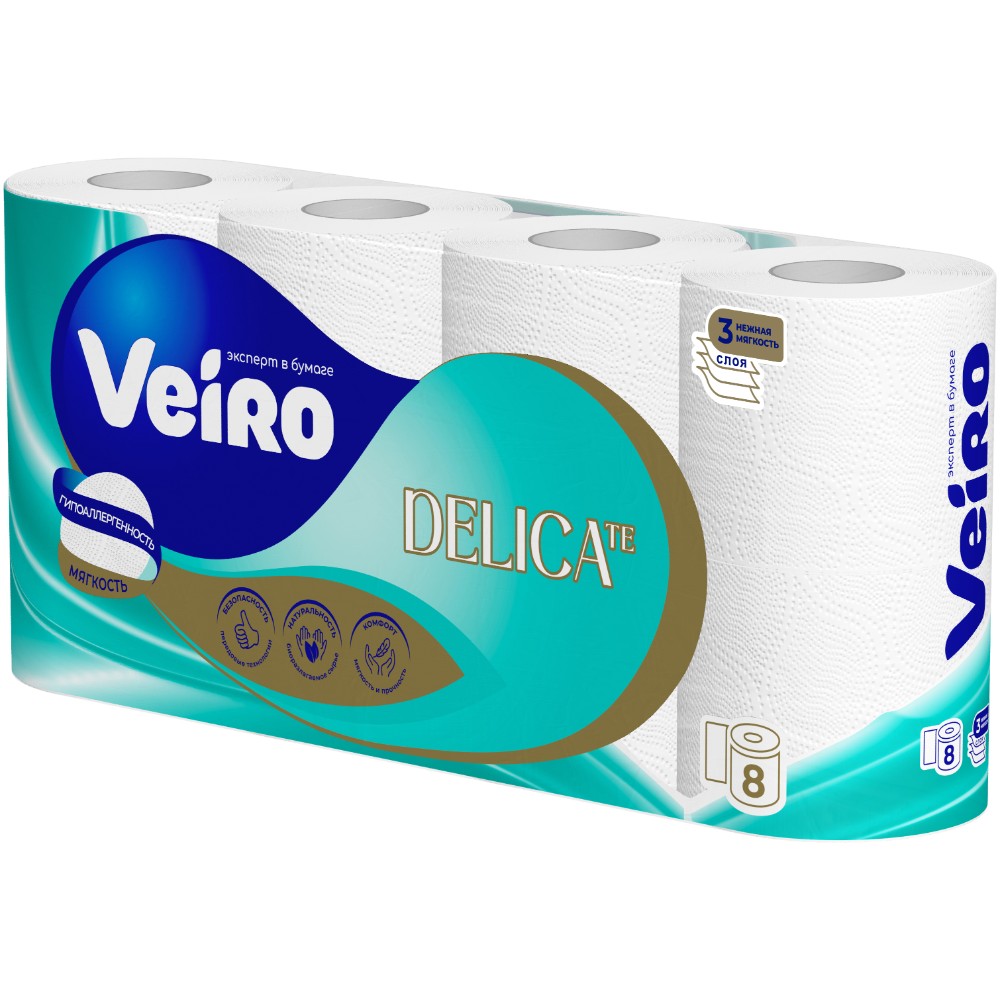 Бумага туалетная Veiro Delicate, 8 рулонов, 3 слоя, белый 