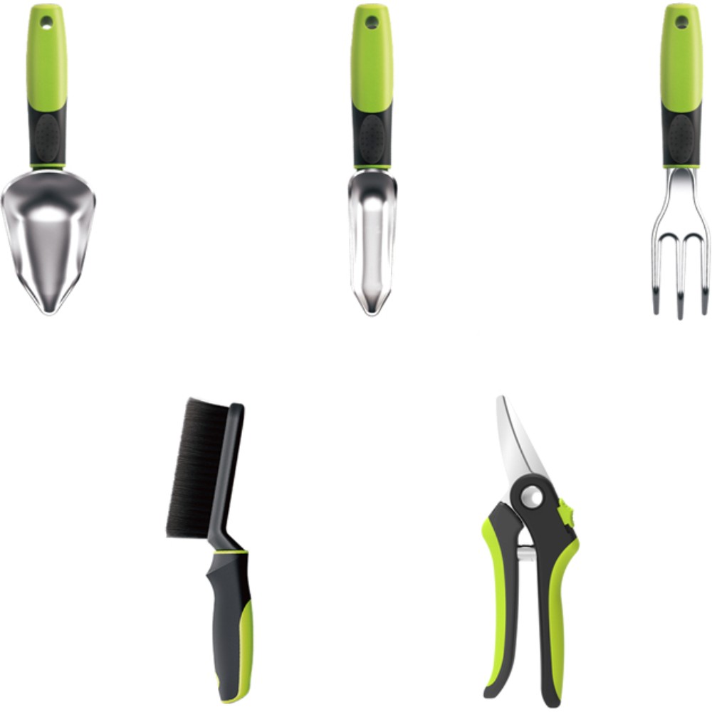 Набор садовых инструментов "Deli", 5 предметов (секатор, лопата 2 шт, грабли, щетка), зеленый, черный 
