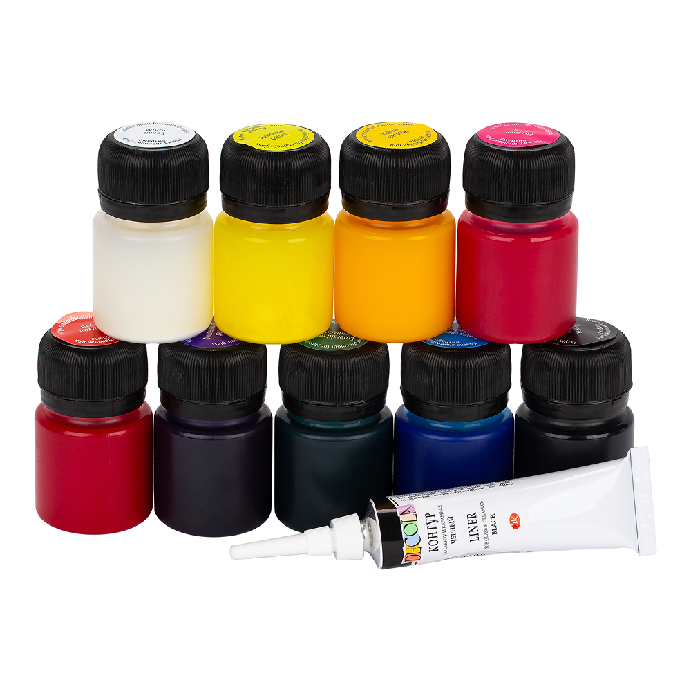 Краска акриловая для витража "Декола", набор 9 цветов, 20 мл, банки + контур - 3