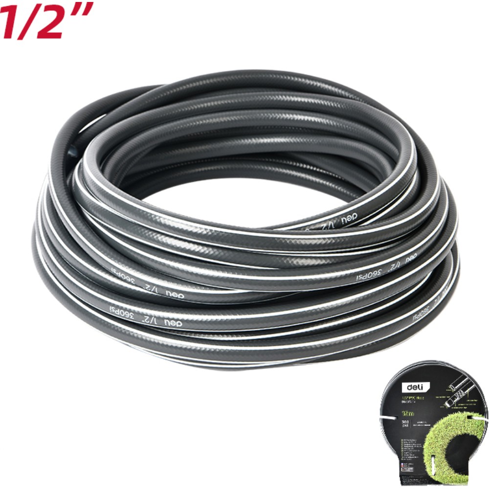 Шланг поливочный армированный четырёхслойный Deli GS EDL8072-15, 1/2", ПВХ, 15 м, серый
