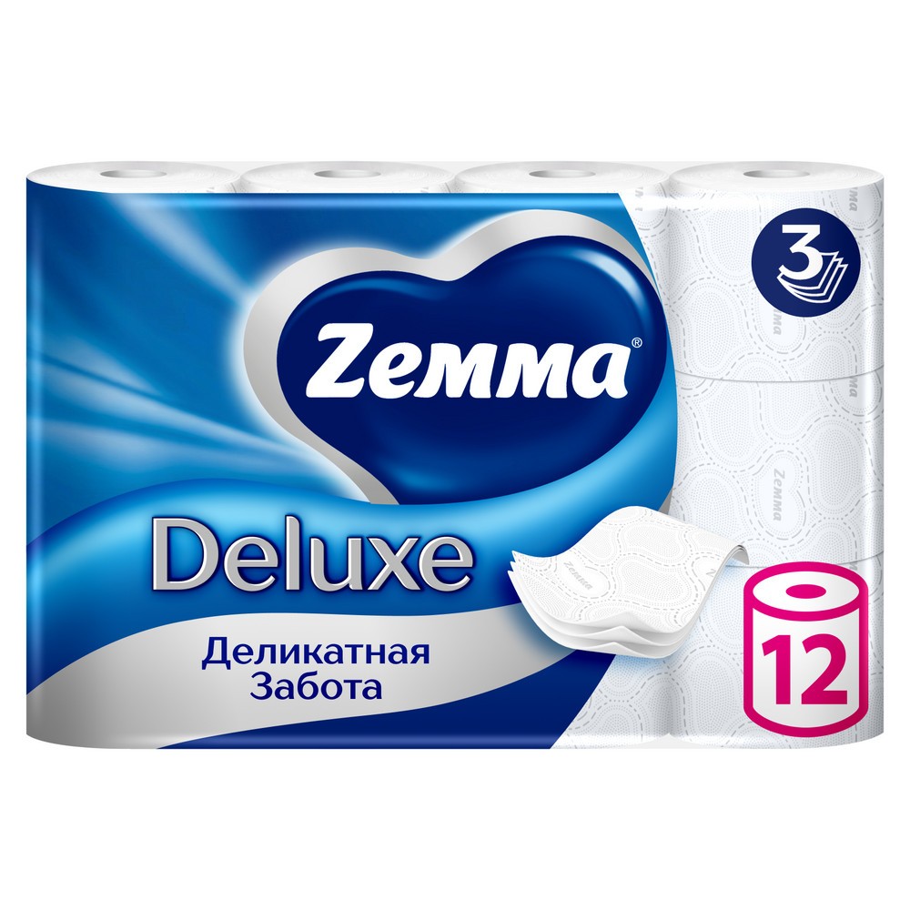 Бумага туалетная Zemma Deluxe, 12 рулонов, 3 слоя, белый