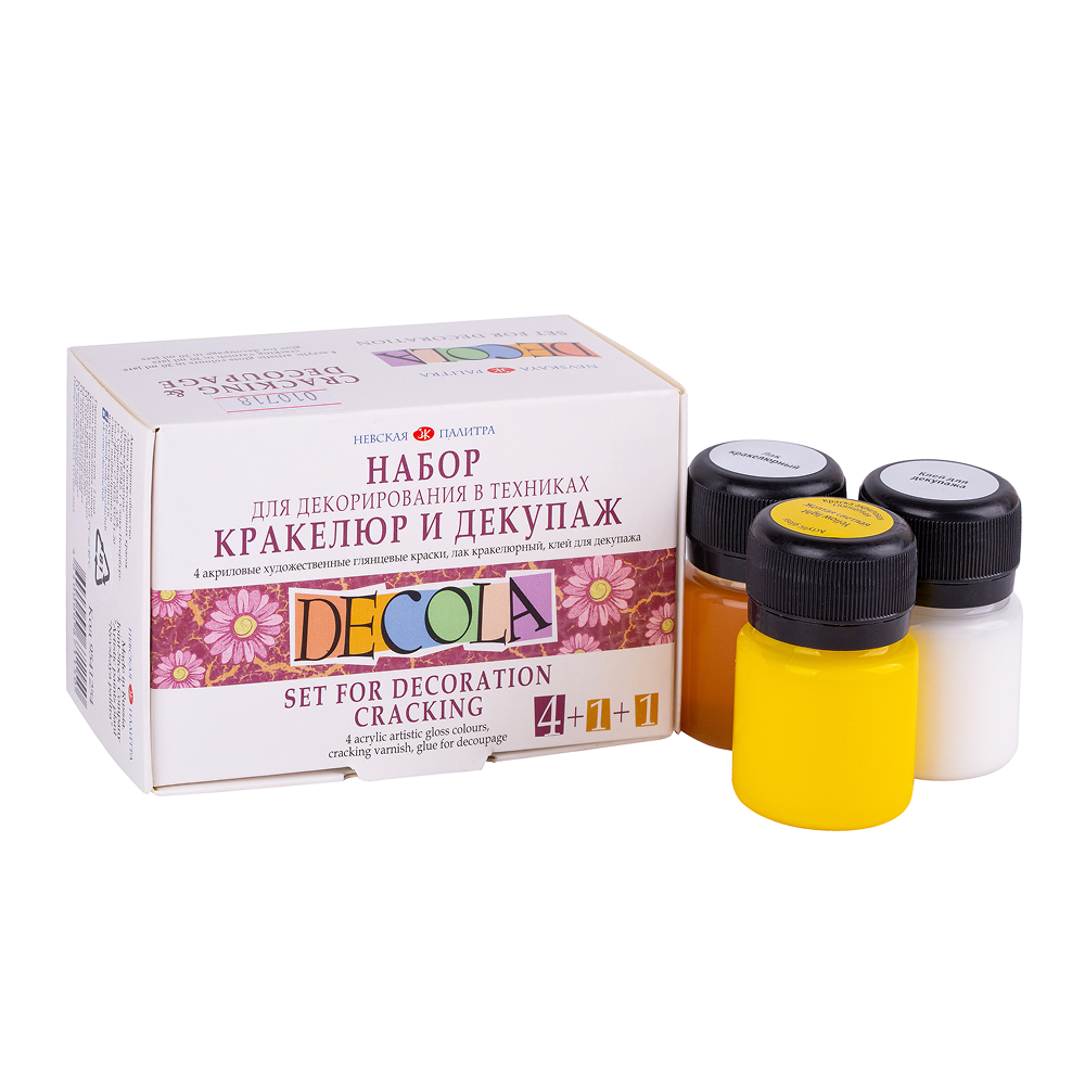 Краска акриловая "Декола", набор 4 цвета, 20 мл, банки, кракелюрный лак и клей для декупажа - 2
