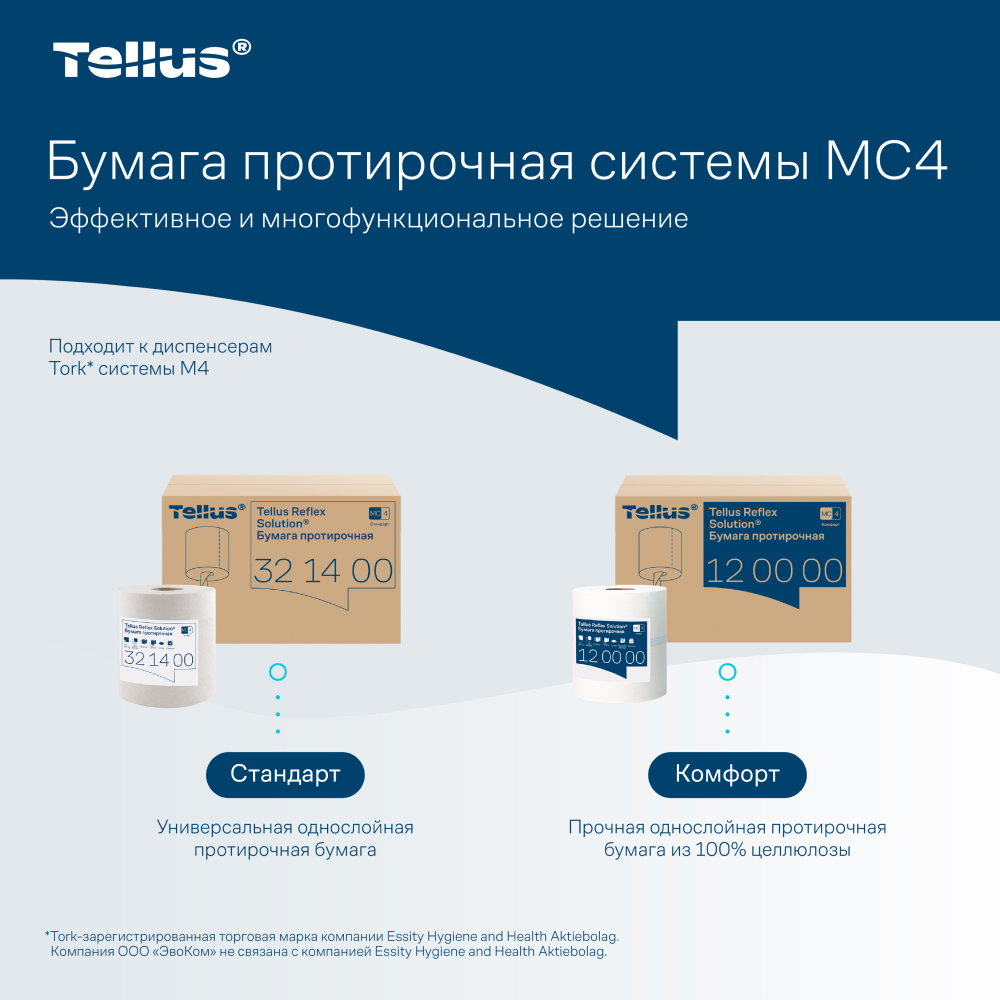 Протирочная бумага Tellus Reflex, Стандарт c центральной вытяжкой, 1 слой, 270 м, MC4 - 10