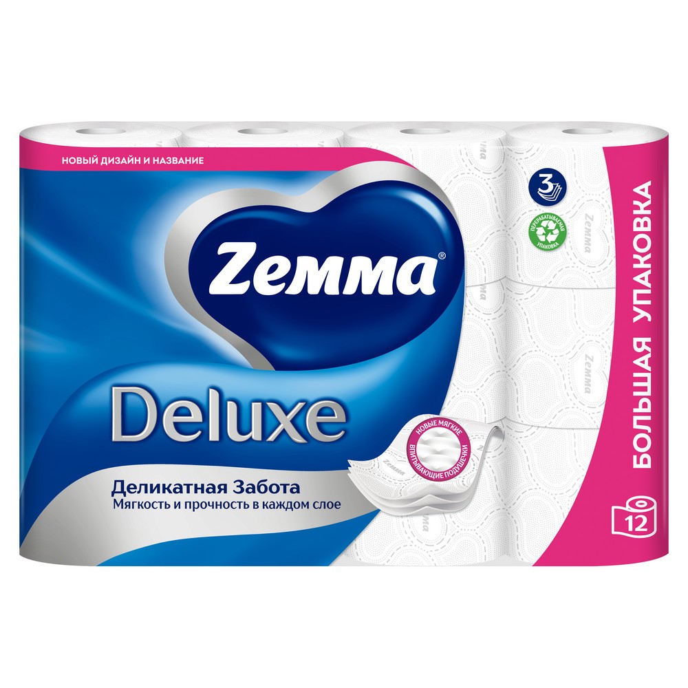 Бумага туалетная Zemma Deluxe, 12 рулонов, 3 слоя, белый