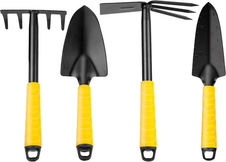 Набор садовых инструментов "Deli", 4 предмета (лопата 2 шт, мотыга, грабли), желтый, черный 