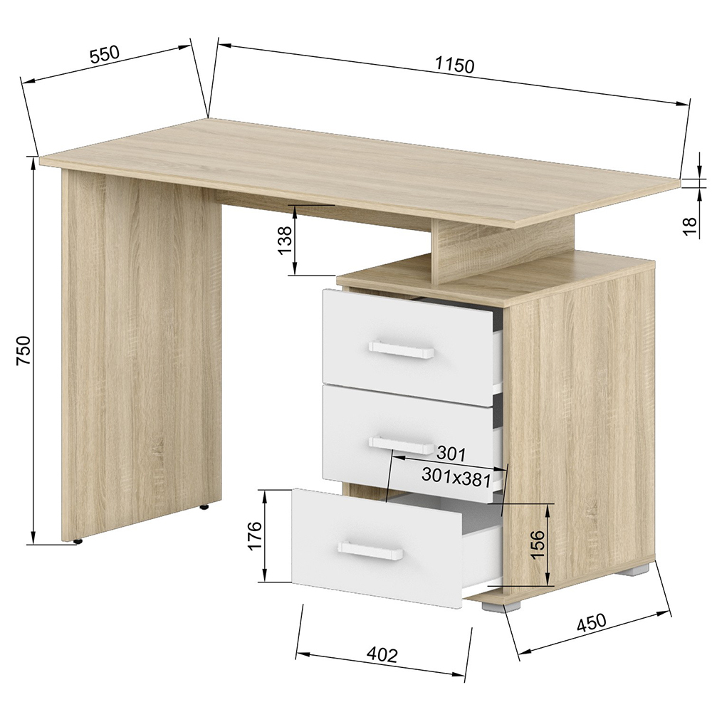 Коллекция ОСЛО Стол письменный Д-СП1, 1150х550х750, дуб Сонома, белый - 3