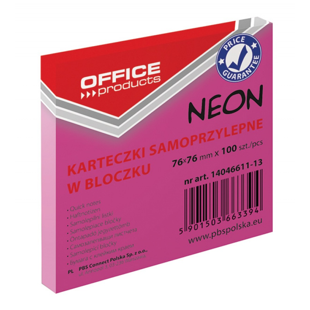 Бумага для заметок "Office Products", 76x76 мм, 100 листов, розовый неон 